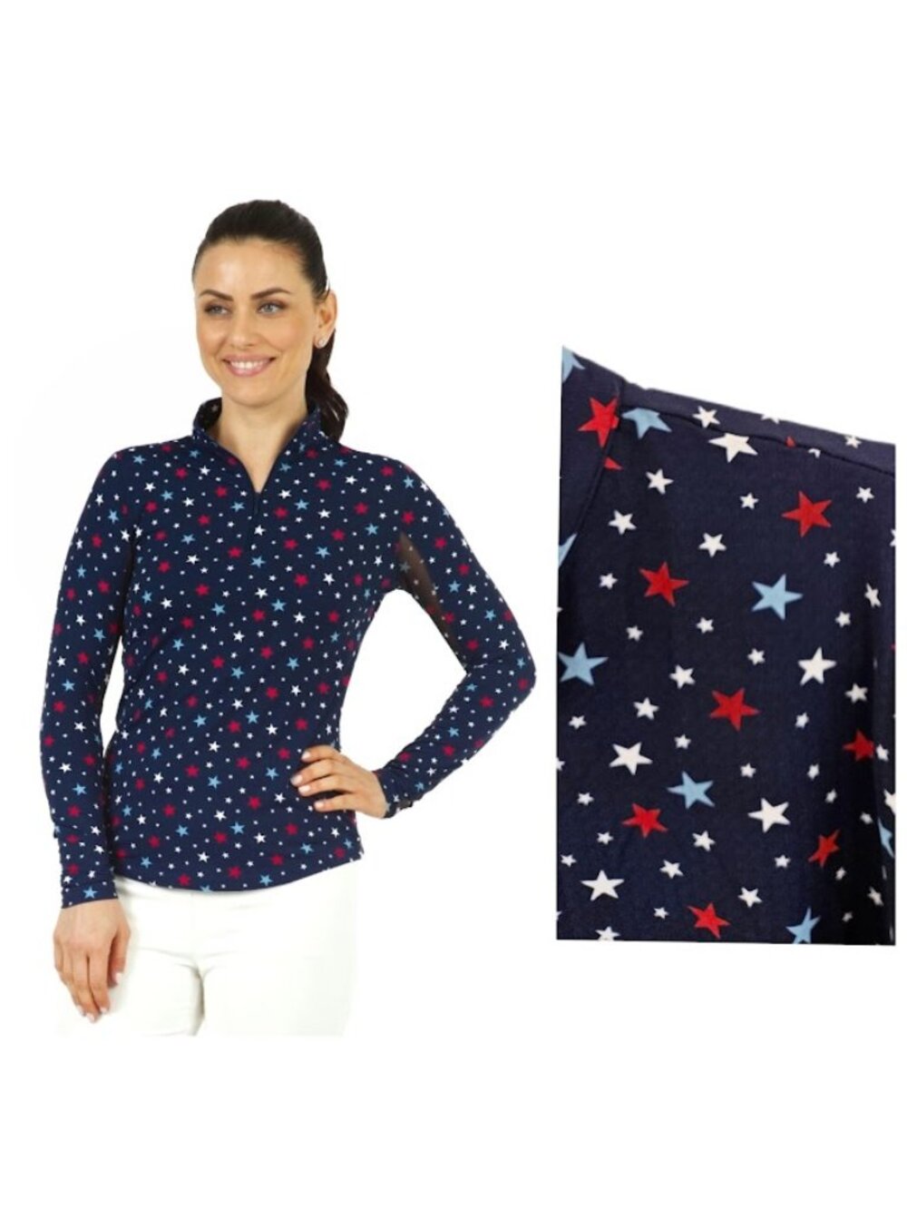 NWT IBKUL Celebration Stars Long Sleeve Quarter Zip Mock Neck Top Navy XXL